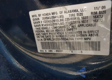 2010 Honda Odyssey Lx z USA, uszkodzony, nr VIN 5FNRL3H28AB034244